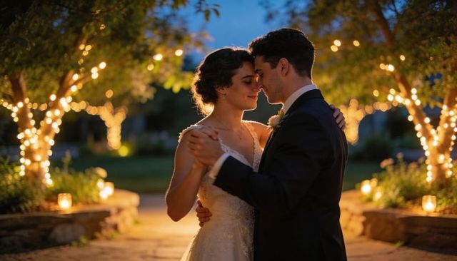 Romantic newlyweds dancing under twinkling lights during evening garden wedding reception