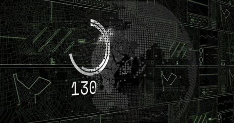 Futuristic digital dashboard displaying holographic globe, progress ring, map analytics