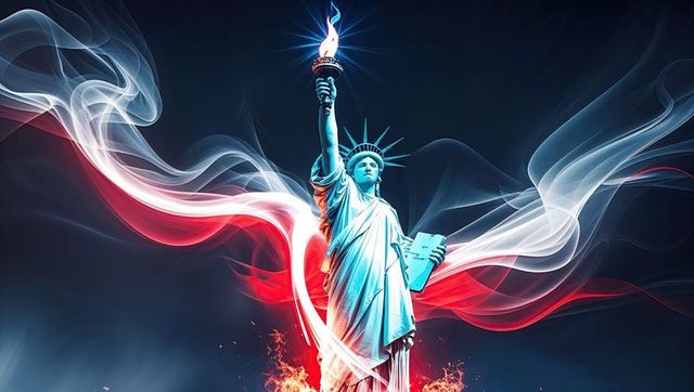 Statue of Liberty with Fiery Aura and Abstract Smoke