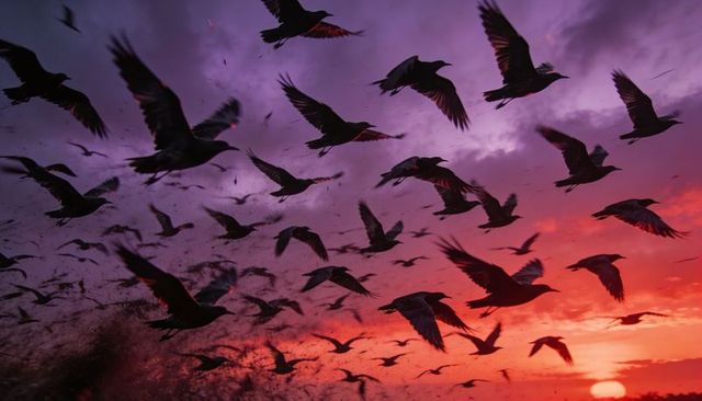Soaring flock of silhouetted seabirds filling crimson and violet sunset sky over horizon
