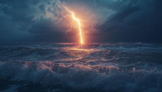 Dramatic Lightning Bolt with Churning Ocean Waves at Dusk