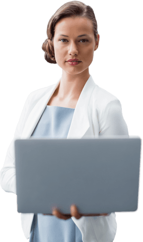 Transparent Business Professional Holding Laptop with Focused Expression