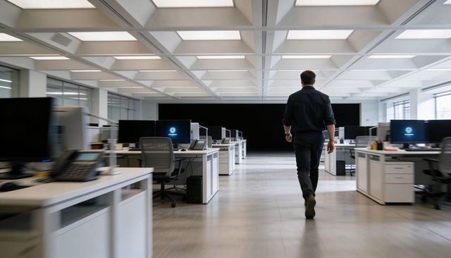 Man walking down main aisle in modern open-plan office with empty workstations