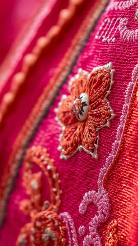 Vertical macro video showcasing embroidered floral motif with button on vibrant textile