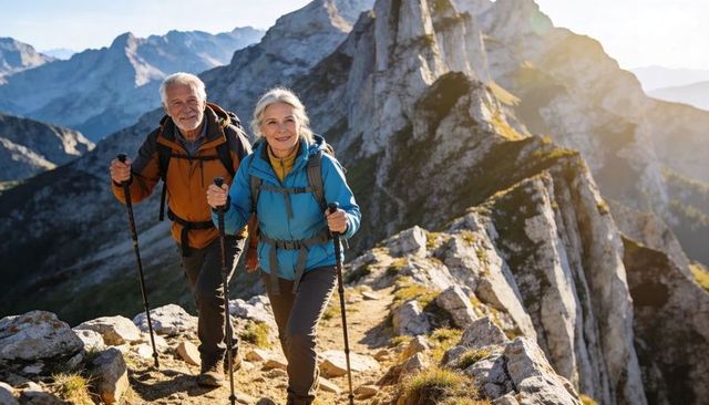 Senior couple hiking narrow alpine ridge at sunrise with trekking poles