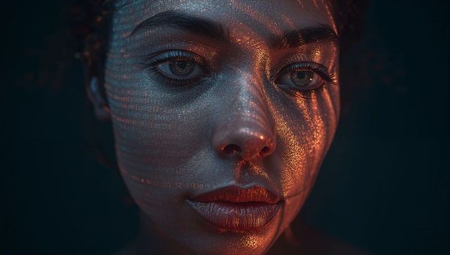 Amber Code Projection on Female Portrait with Glossy Metallic Makeup, Closeup Beauty