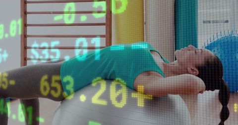 Woman Exercising with Stock Market Overlay Symbolizing Balance and Focus