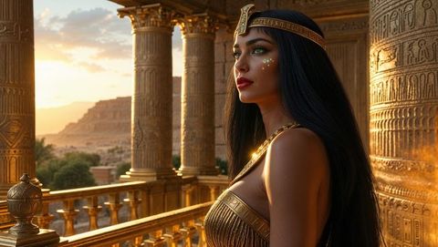 Noble cleopatra in gold on ancient balcony at sunset