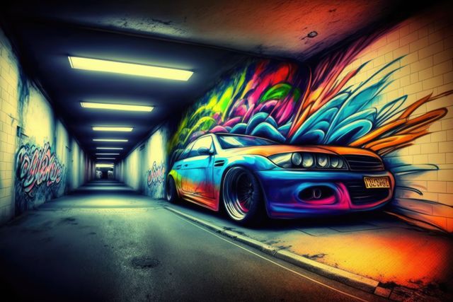 Building with walls covered in colorful car graffiti created using generative ai technology. Graffiti, urban art and colour concept digitally generated image.