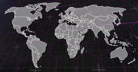 Tilted Futuristic Global Map Overlay Dark Grid Hexagonal Network Magenta Accents for Tech