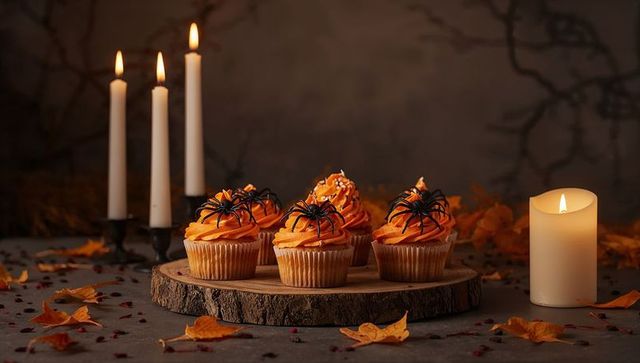 Halloween cupcakes decorated with spiders in candlelit ambiance