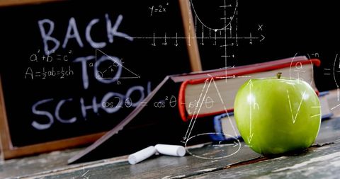 mathematical equations over chalkboard with green apple for back to school - Download Free Stock Images Pikwizard.com