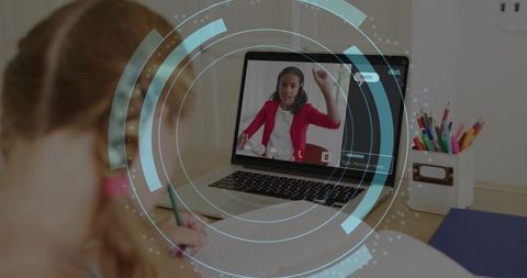 Child writing during online tutoring session with teacher raising hand and hud overlay