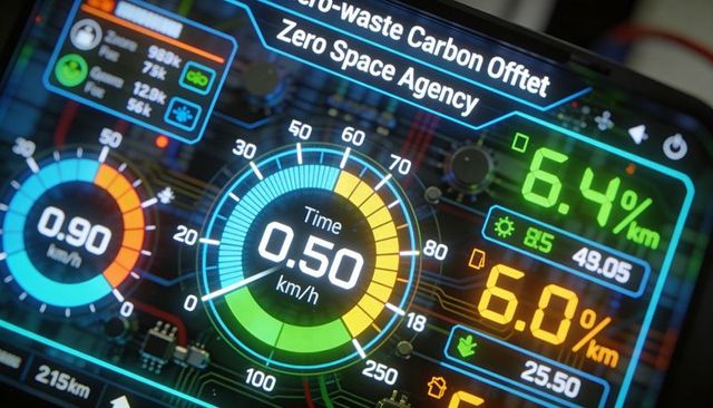Futuristic space agency telemetry dashboard showing carbon offset metrics and neon speed readouts