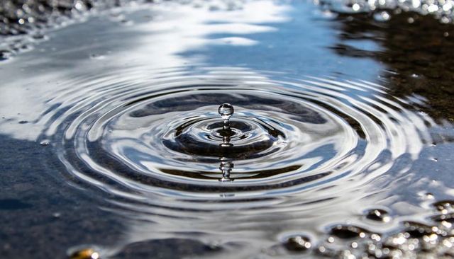 Rising water droplet creating concentric ripples in reflective puddle on wet asphalt