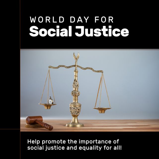 Composition of world day of social justice text over justice scales and gavel. World day of social justice, court and justice system concept digitally generated image.