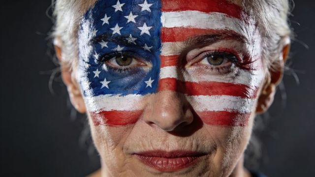 Senior woman wearing american flag face paint holding steady patriotic gaze closeup portrait