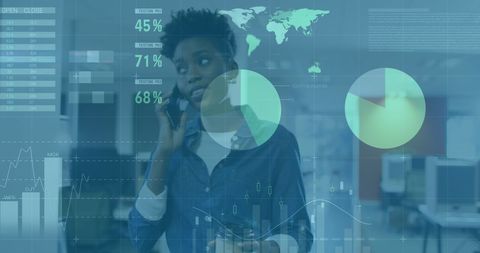 Business professional talking on smartphone, overlay of financial figures and charts illustrating data-driven business analysis. Suitable for concepts related to financial management, corporate technology, global business communications, and decision-making in modern work environments.