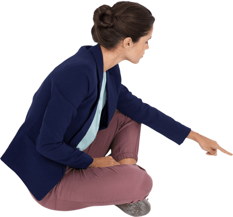 transparent businesswoman sitting cross-legged and pointing outwards - Download Free Stock Videos Pikwizard.com