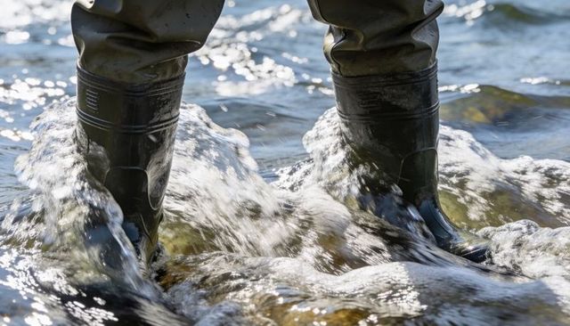 Wading with rubber boots splashing through rocky stream with sunlit water