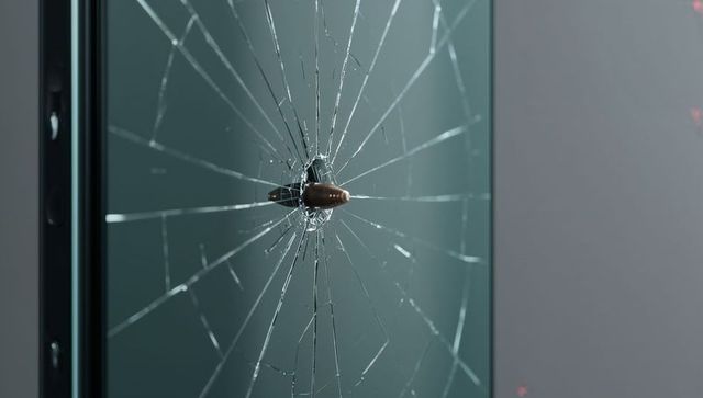 Copper bullet lodging in tempered glass causing radial spiderweb cracks closeup