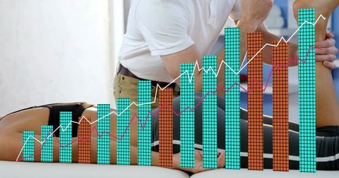 Physiotherapist performing manual leg therapy with rising bar graph analytics overlay