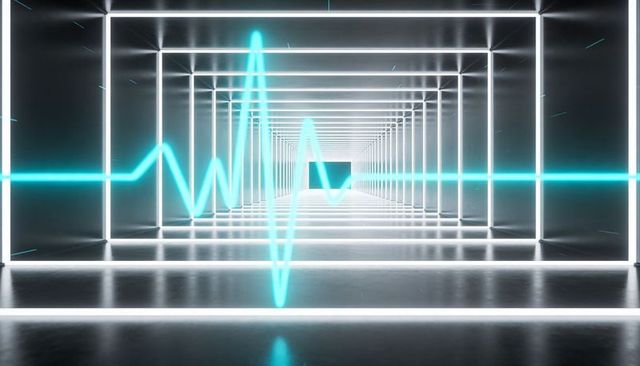 Cyan Waveform Tunnel with Neon Pulse Through Symmetric Futuristic Geometric Corridor