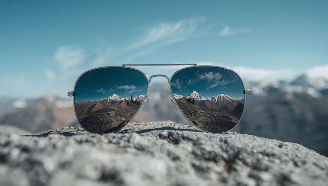 Aviator sunglasses reflecting majestic mountain peaks