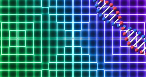 Glowing DNA Strand Over Vibrant Multi-Colored Grid Background - Download Free Stock Images Pikwizard.com