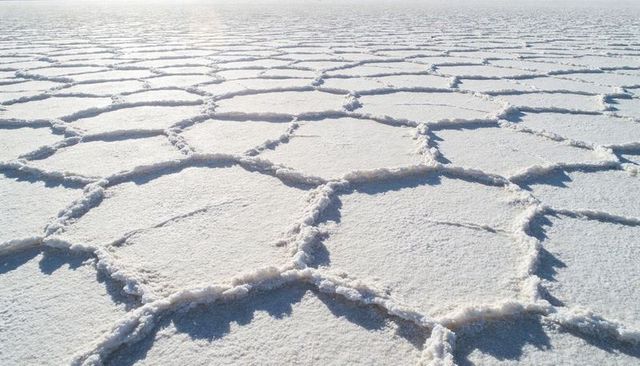 Stretching hexagonal salt flats forming crystalline polygonal crust with raised ridges