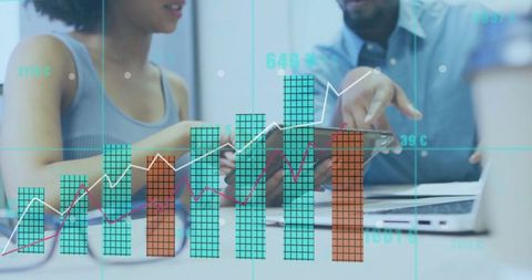 Professionals Analyzing Data on Tablet with Graph Overlays in Office