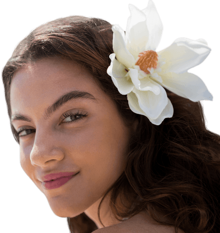 Portrait of Young Woman with Flower in Hair on Transparent Background