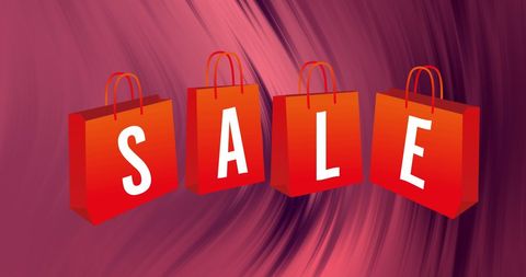 Red Shopping Bags Highlighting Sale Against Purple Backdrop