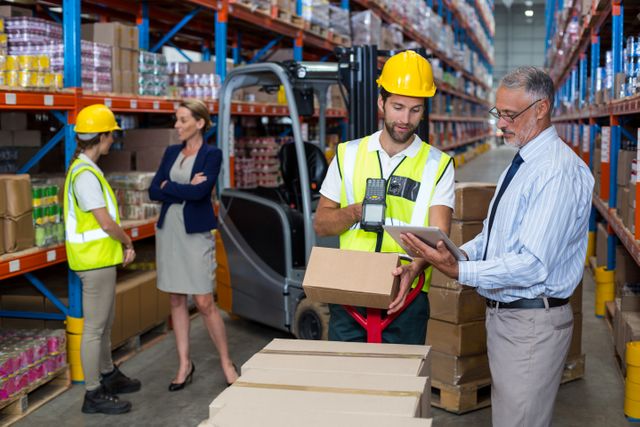 Warehouse manager supervising worker scanning barcode on boxes. Ideal for illustrating logistics, inventory management, and teamwork in industrial settings. Useful for articles, presentations, and marketing materials related to supply chain and warehouse operations.