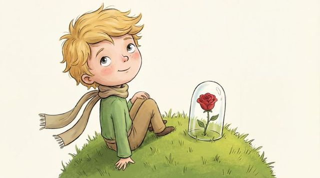 Blond boy sitting on grassy mound watching red rose under glass dome with scarf storybook