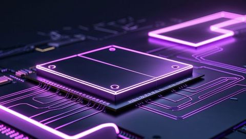 Futuristic microchip with neon circuits and traces