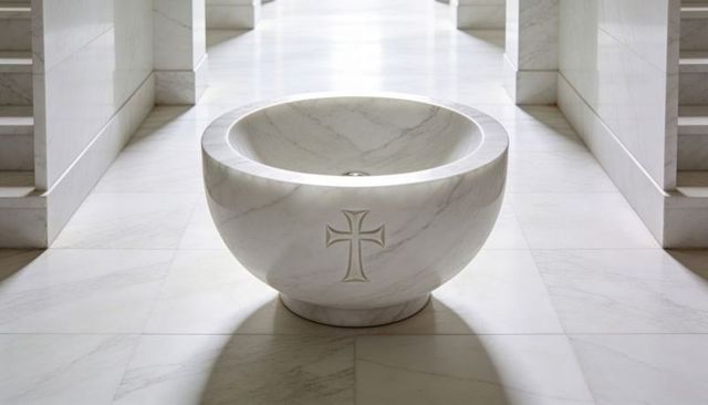Marble baptismal font bathing in soft light with carved cross and symmetrical stairs