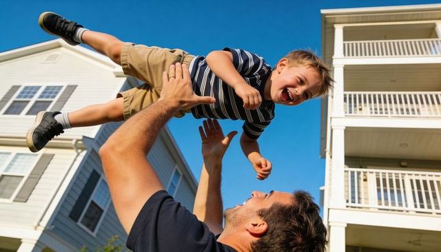 Father tossing laughing young boy high under blue sky in sunny suburban neighborhood