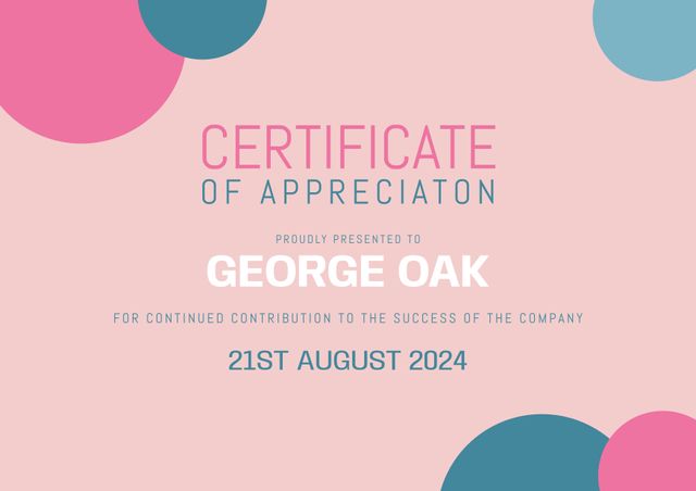 Creative certificate template featuring pink and blue circles with a modern aesthetic. Ideal for recognizing employee contributions to company success, celebrating achievements, or awarding milestones in professional settings.