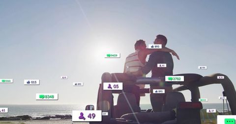 Sunset Convertible Romance with Floating Social Media Icons, Beach Couple Embracing