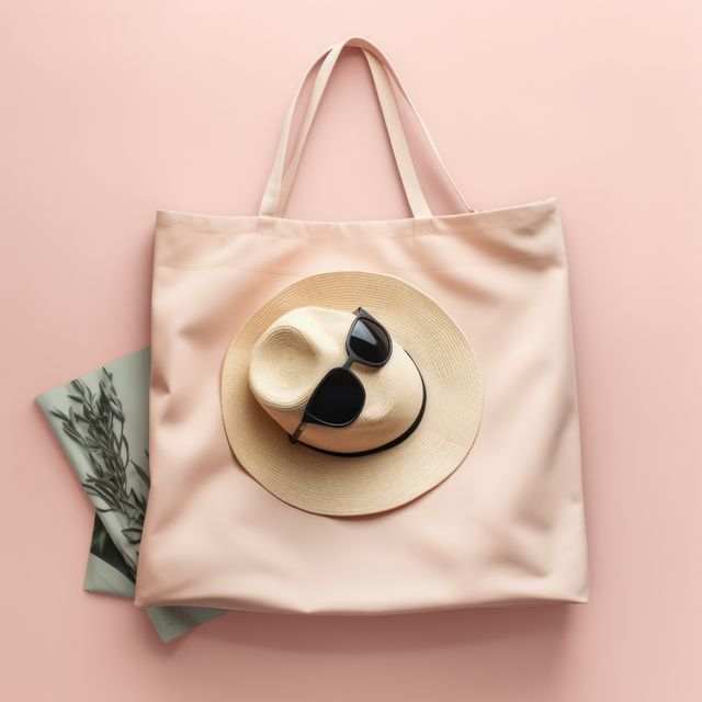 Sunglasses and sunhat on tote bag with pale pink background, created using generative ai technology. Travel, shopping, fashion accessories and vacations, digitally generated image.