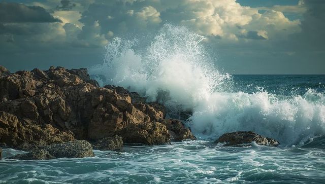Powerful ocean wave crashing against rocky shoreline