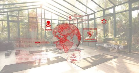 Holographic Red Cyber Threat Globe Hovering Over Sunlit Glass-Walled Yoga Studio