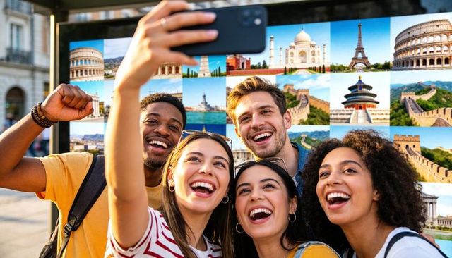 Smiling diverse friends taking travel selfie in vibrant urban square with landmark poster