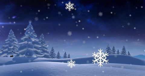 Winter Wonderland with Falling Snowflakes and Pine Trees at Night