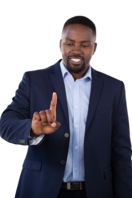 Businessman in a suit pointing his finger while talking, conveying confidence and professionalism. Ideal for use in corporate presentations, business communication materials, leadership training resources, and professional development content.