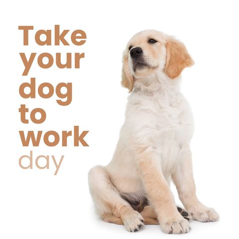 golden retriever puppy and 'take your dog to work day' text on white background - Download Free Stock Templates Pikwizard.com
