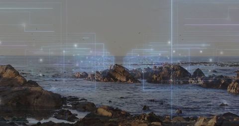 Digital grid overlay on coastal rockscape