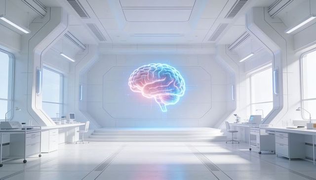 Holographic brain projection illuminating futuristic laboratory stage for ai research