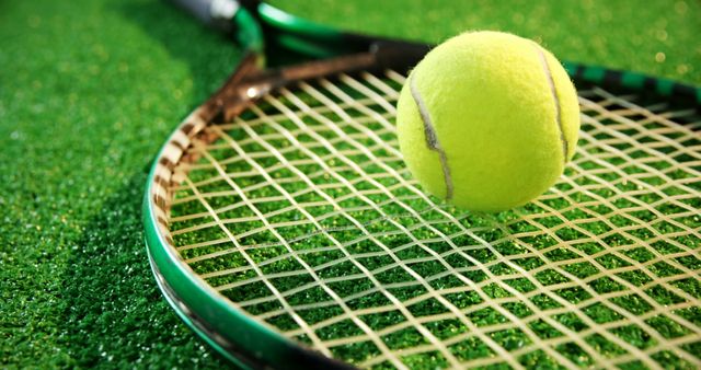 Close-Up Tennis Ball on Racket with Green Grass Court - Download Free Stock Images Pikwizard.com